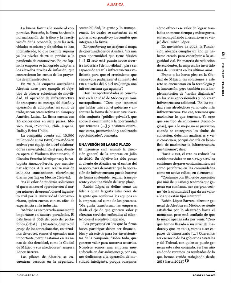 Aleatica quiere ser el socio del Gobierno en infraestructura 2024
